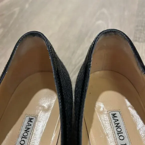 Manolo Blahnik Pointed Toe Ballet Flats Gray Wool Bow Trim Italy EU 38